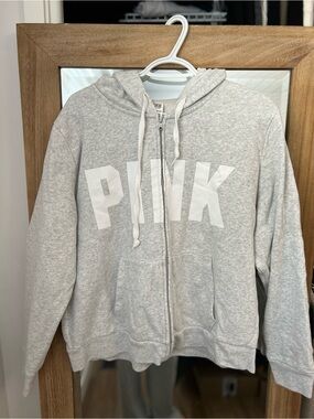 PINK Victoria's Secret Light Gray Zip-Up Hoodie with White Logo